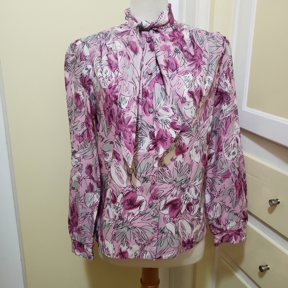 Vintage Tie Neck Blouse / Pink, Gray & White / Estimates Large